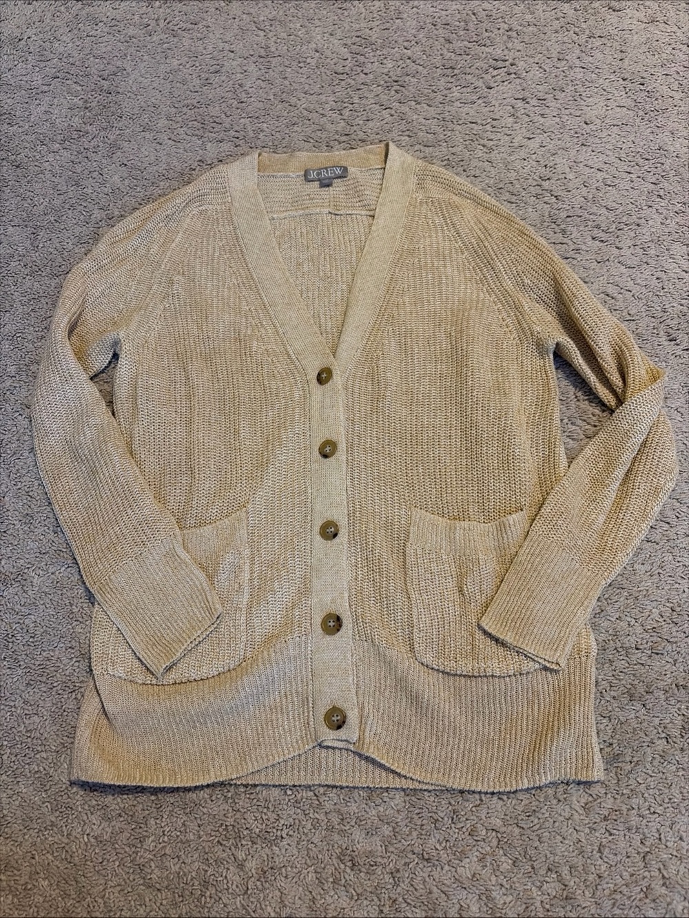 Womens J. Crew Tan Brown Linen Cotton Blend Button Cardigan Sweater Size XS